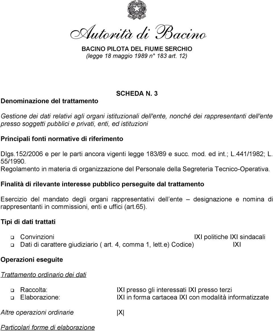 riferimento Dlgs.152/2006 e per le parti ancora vigenti legge 183/89 e succ. mod. ed int.; L.441/1982; L. 55/1990.