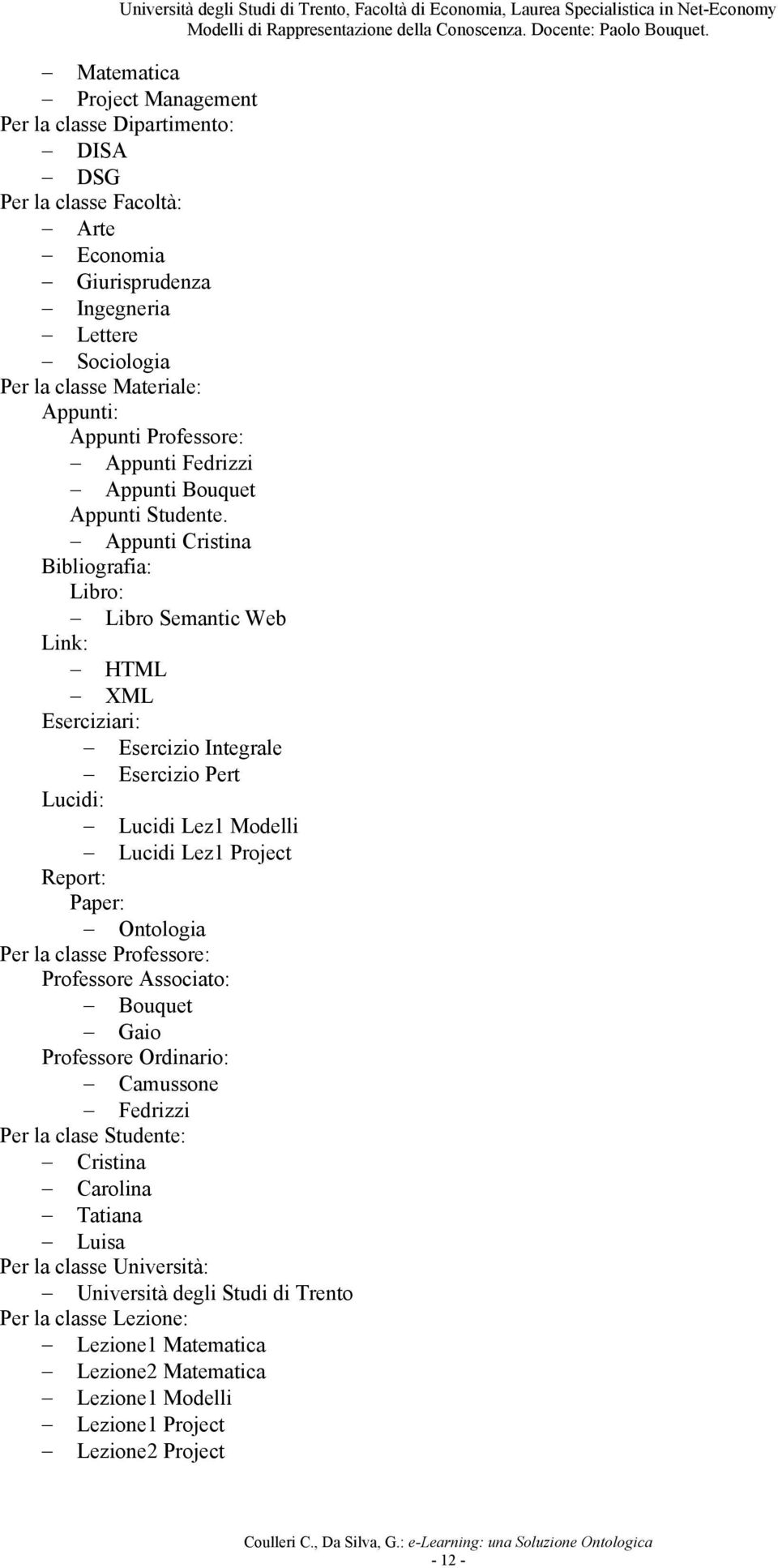 Appunti Cristina Bibliografia: Libro: Libro Semantic Web Link: HTML XML Eserciziari: Esercizio Integrale Esercizio Pert Lucidi: Lucidi Lez1 Modelli Lucidi Lez1 Project Report: Paper: Ontologia