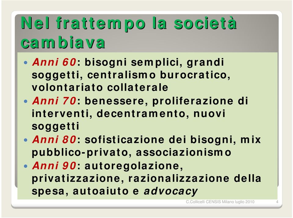 decentramento, nuovi soggetti Anni 80: sofisticazione dei bisogni, mix pubblico-privato,