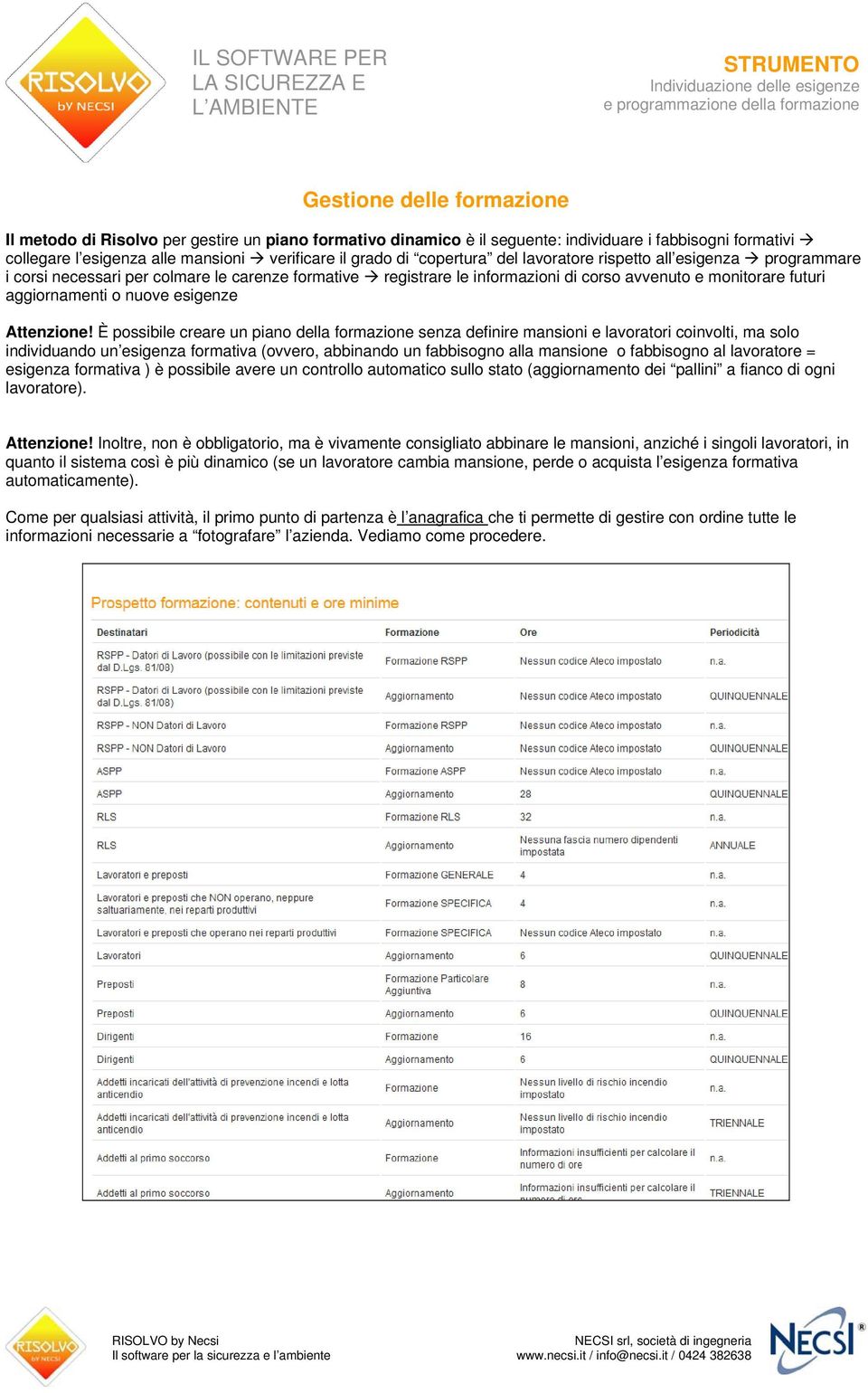 colmare le carenze formative registrare le informazioni di corso avvenuto e monitorare futuri aggiornamenti o nuove esigenze Attenzione!