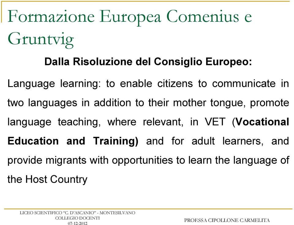 tongue, promote language teaching, where relevant, in VET (Vocational Education and Training)