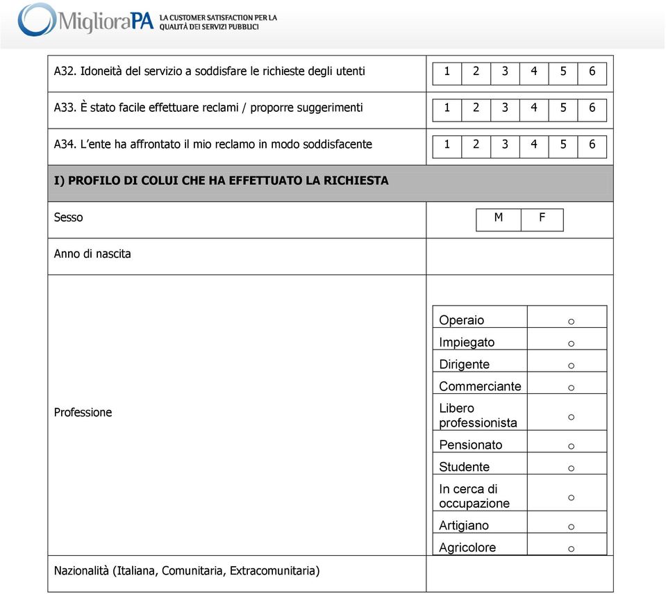 L ente ha affrntat il mi reclam in md sddisfacente 1 2 3 4 5 6 I) PROFILO DI COLUI CHE HA EFFETTUATO LA RICHIESTA