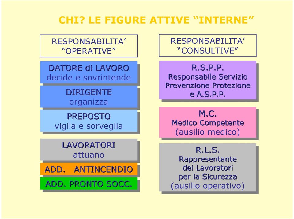 RESPONSABILITA CONSULTIVE R.S.P.P. Responsabile Servizio Prevenzione Protezione e A.S.P.P. M.C. Medico Competente (ausilio medico) R.