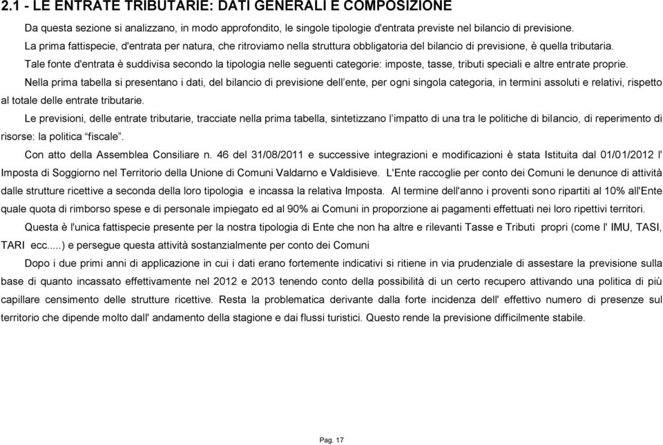 Tale fonte d'entrata è suddivisa secondo la tipologia nelle seguenti categorie: imposte, tasse, tributi speciali e altre entrate proprie.