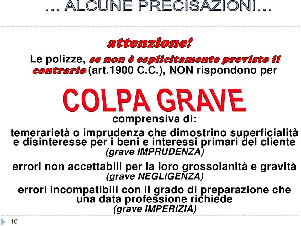 e disinteresse per i beni e interessi primari del cliente (grave IMPRUDENZA) errori non