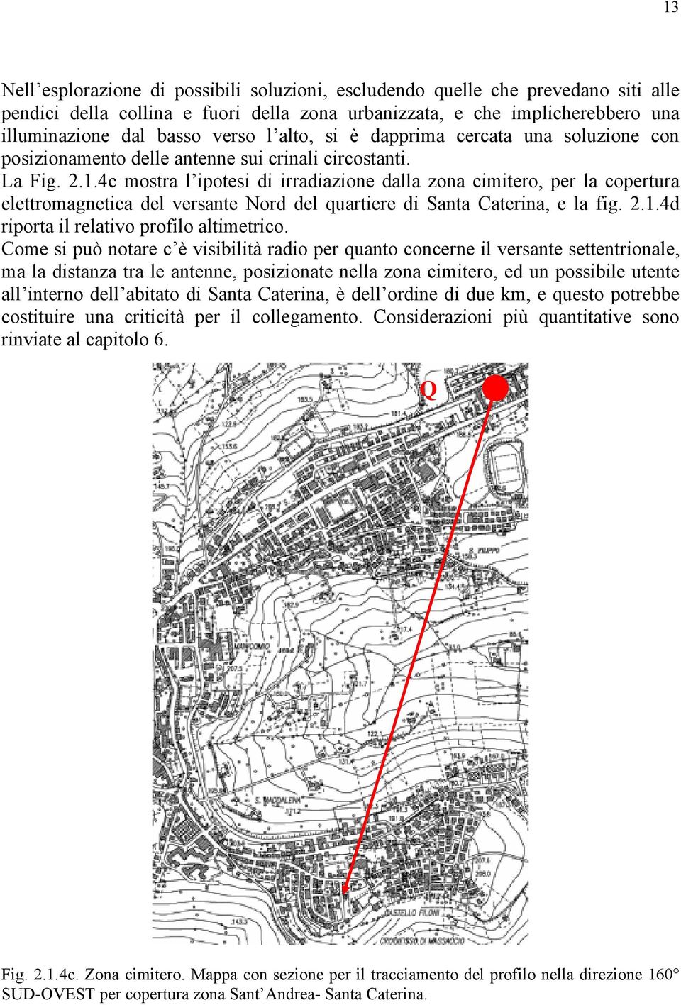 4c mostra l ipotesi di irradiazione dalla zona cimitero, per la copertura elettromagnetica del versante Nord del quartiere di Santa Caterina, e la fig. 2.1.4d riporta il relativo profilo altimetrico.