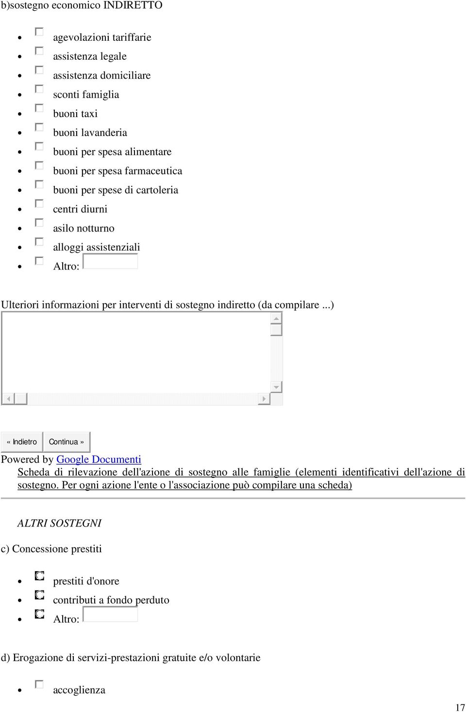 ..) «Indietro Continua» Powered by Google Documenti Scheda di rilevazione dell'azione di sostegno alle famiglie (elementi identificativi dell'azione di sostegno.