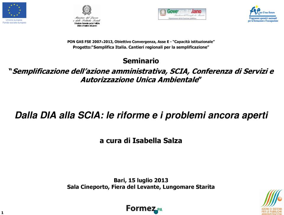 Conferenza di Servizi e Autorizzazione Unica Ambientale Dalla DIA alla SCIA: le riforme e i problemi