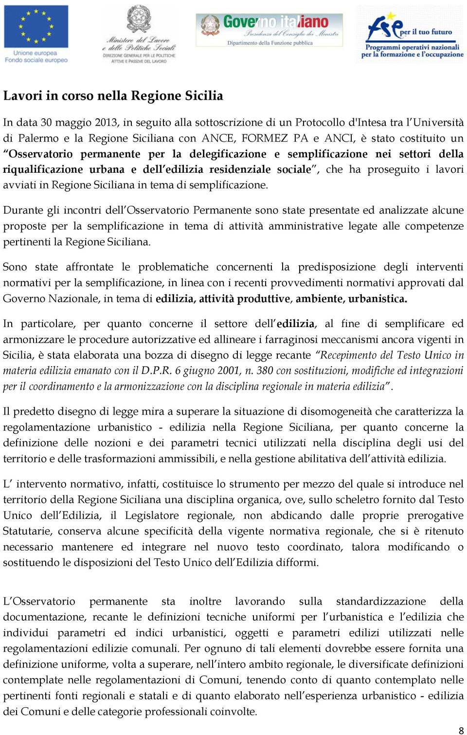 in Regione Siciliana in tema di semplificazione.