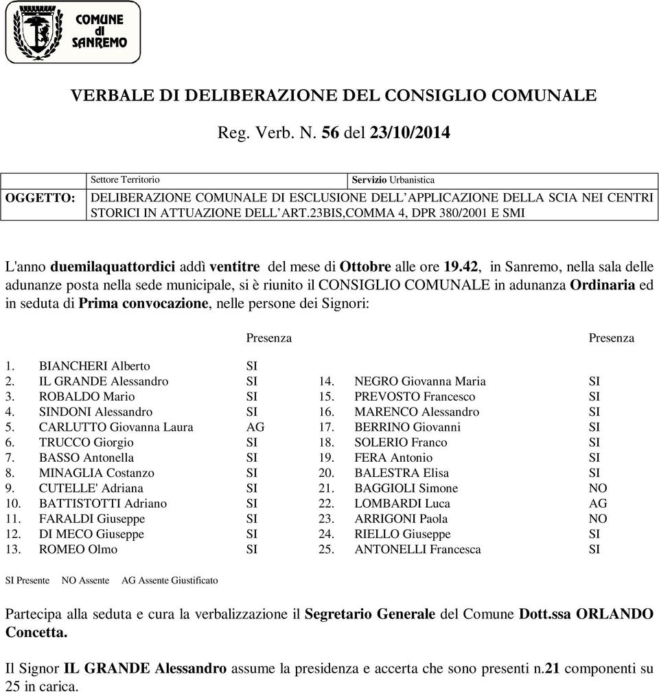 23BIS,COMMA 4, DPR 380/2001 E SMI L'anno duemilaquattordici addì ventitre del mese di Ottobre alle ore 19.