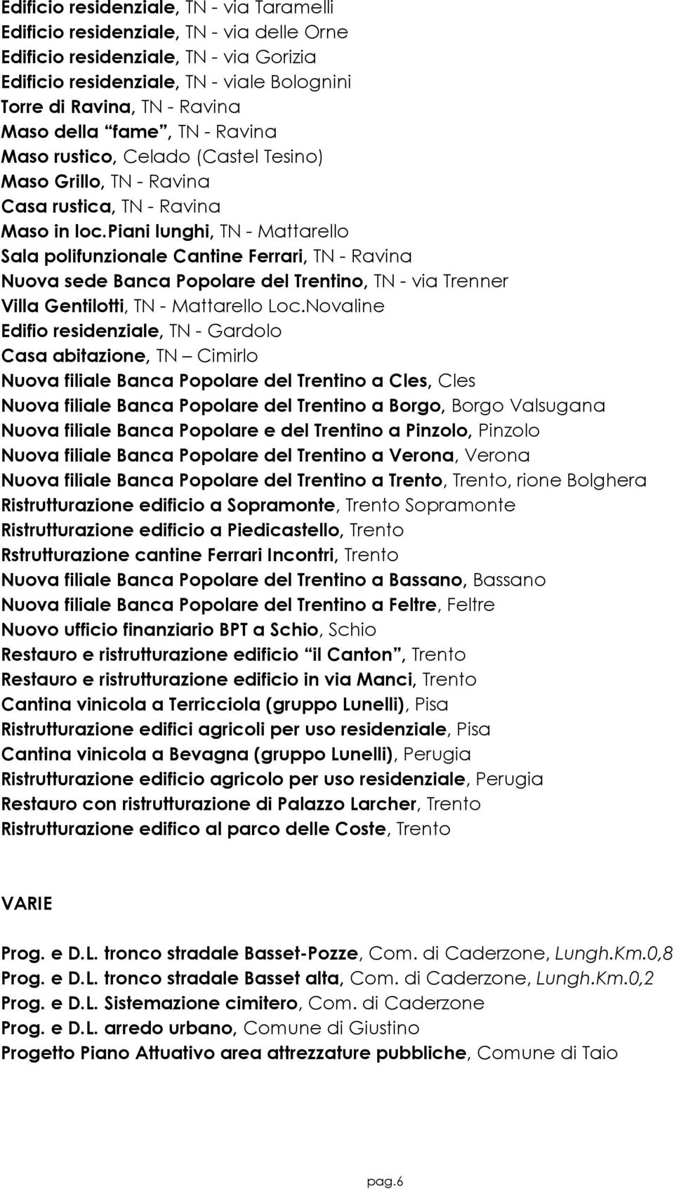 piani lunghi, TN - Mattarello Sala polifunzionale Cantine Ferrari, TN - Ravina Nuova sede Banca Popolare del Trentino, TN - via Trenner Villa Gentilotti, TN - Mattarello Loc.