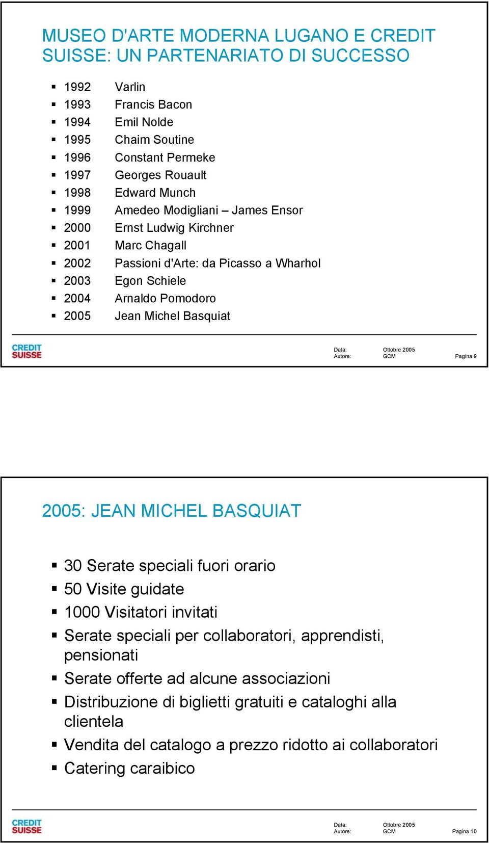 Pomodoro Jean Michel Basquiat Pagina 9 2005: JEAN MICHEL BASQUIAT 30 Serate speciali fuori orario 50 Visite guidate 1000 Visitatori invitati Serate speciali per collaboratori,