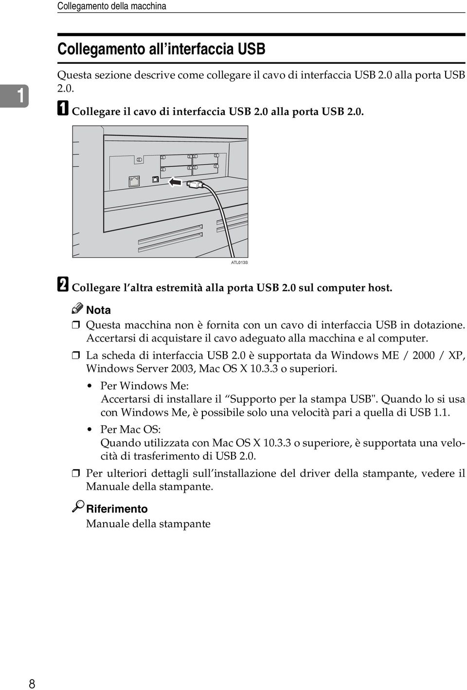 Accertarsi di acquistare il cavo adeguato alla macchina e al computer. La scheda di interfaccia USB 2.0 è supportata da Windows ME / 2000 / XP, Windows Server 2003, Mac OS X 10.3.3 o superiori.