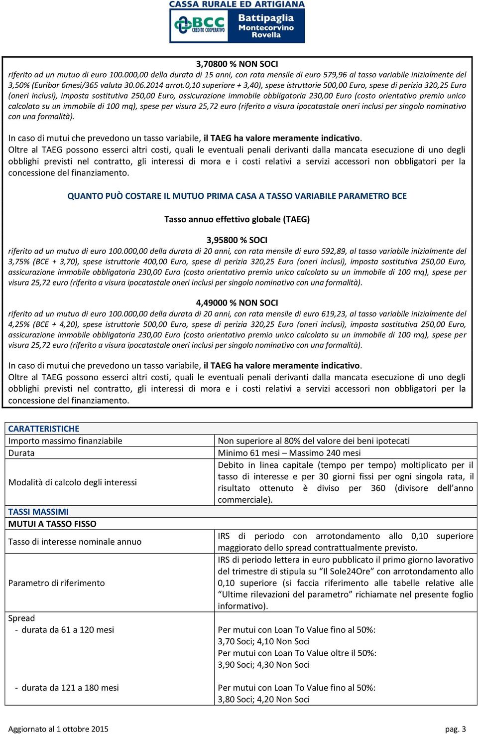 0,10 superiore + 3,40), spese istruttorie 500,00 Euro, spese di perizia 320,25 Euro (oneri inclusi), imposta sostitutiva 250,00 Euro, assicurazione immobile obbligatoria 230,00 Euro (costo