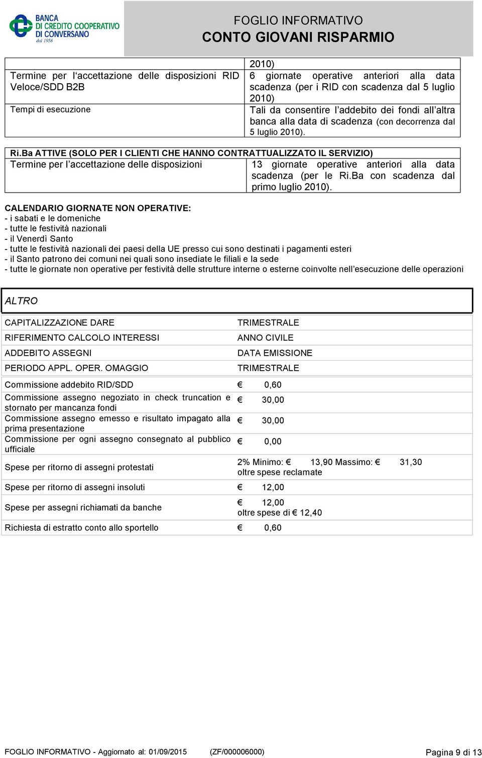 Ba ATTIVE (SOLO PER I CLIENTI CHE HANNO CONTRATTUALIZZATO IL SERVIZIO) Termine per l accettazione delle disposizioni 13 giornate operative anteriori alla data scadenza (per le Ri.