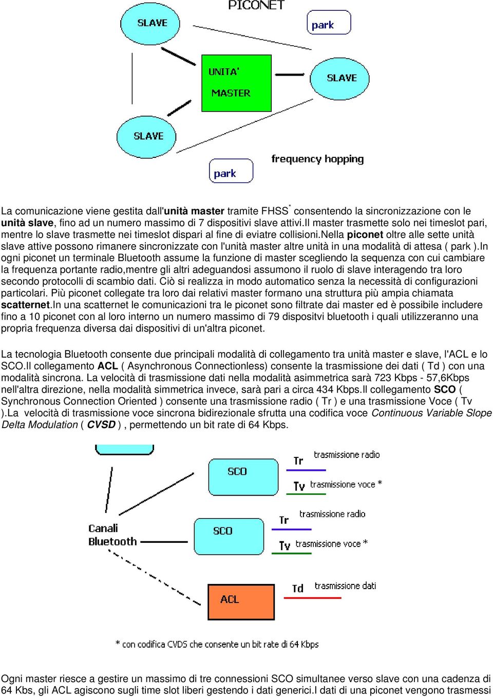 nella piconet oltre alle sette unità slave attive possono rimanere sincronizzate con l'unità master altre unità in una modalità di attesa ( park ).