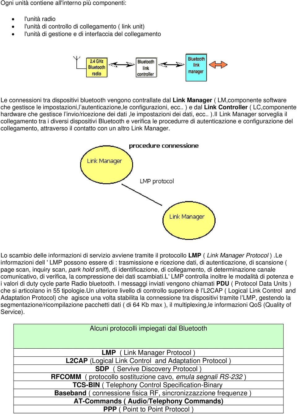 . ) e dal Link Controller ( LC,componente hardware che gestisce l invio/ricezione dei dati,le impostazioni dei dati, ecc.. ).Il Link Manager sorveglia il collegamento tra i diversi dispositivi