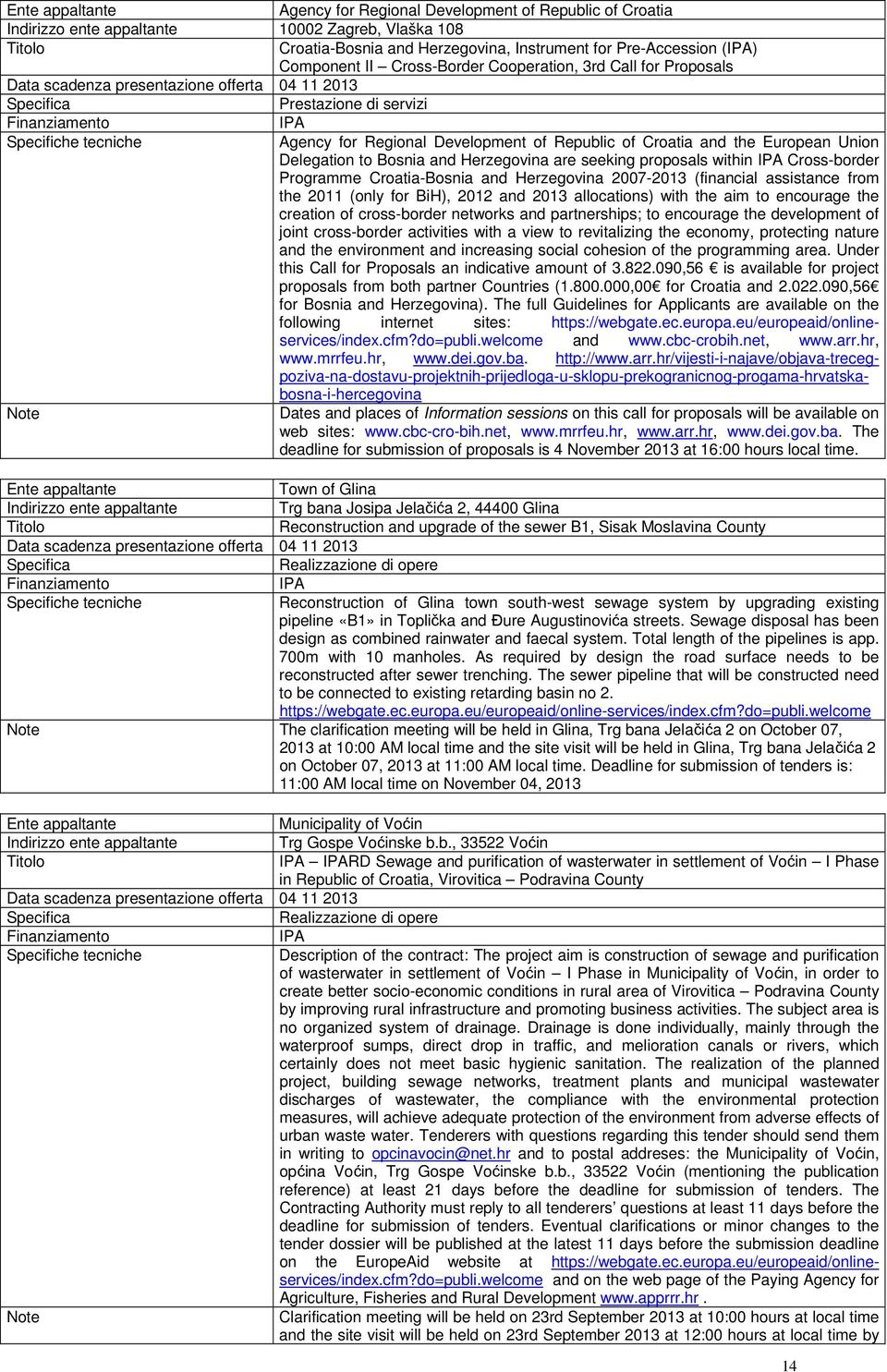 seeking proposals within Cross-border Programme Croatia-Bosnia and Herzegovina 2007-2013 (financial assistance from the 2011 (only for BiH), 2012 and 2013 allocations) with the aim to encourage the