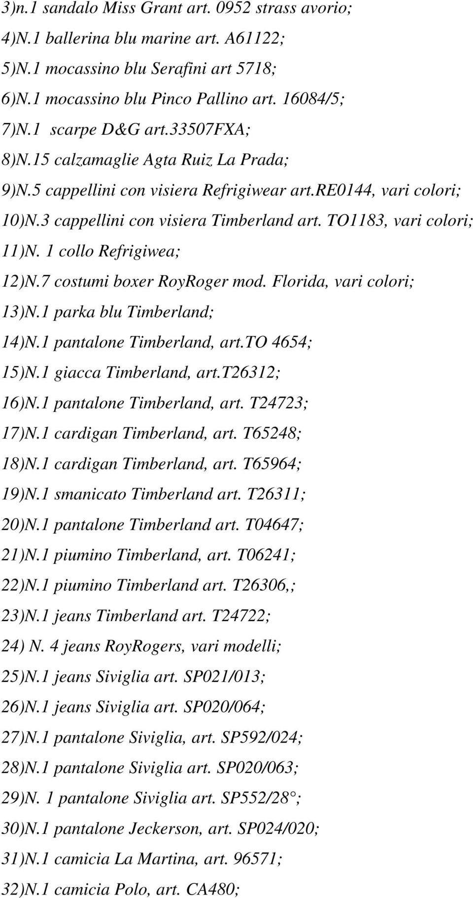 1 collo Refrigiwea; 12)N.7 costumi boxer RoyRoger mod. Florida, vari colori; 13)N.1 parka blu Timberland; 14)N.1 pantalone Timberland, art.to 4654; 15)N.1 giacca Timberland, art.t26312; 16)N.