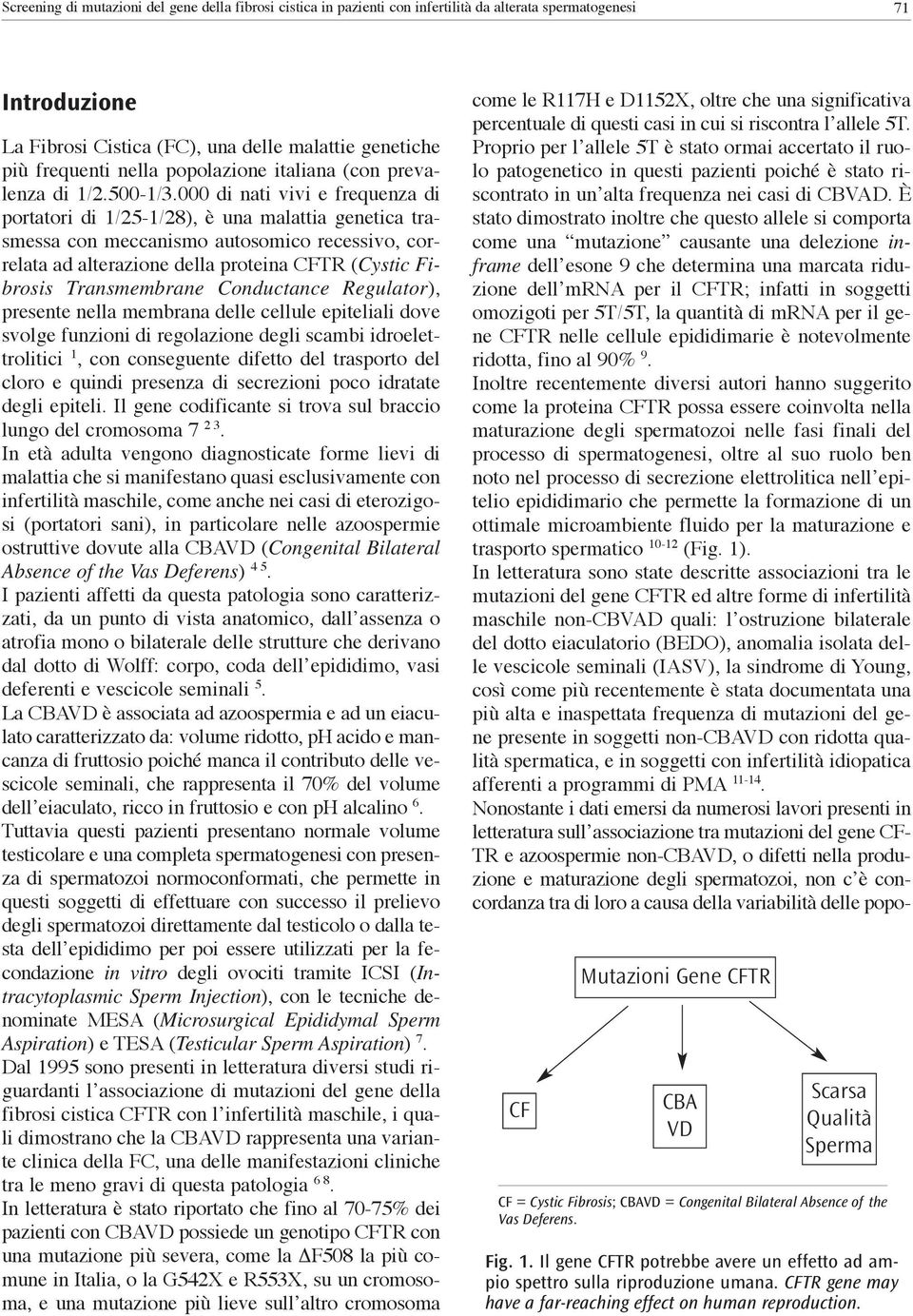 000 di nati vivi e frequenza di portatori di 1/25-1/28), è una malattia genetica trasmessa con meccanismo autosomico recessivo, correlata ad alterazione della proteina CFTR (Cystic Fibrosis