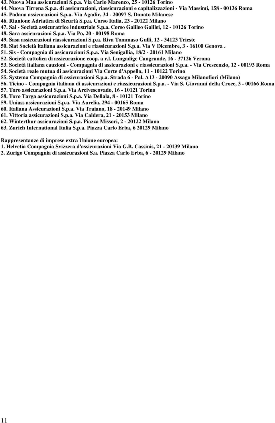 Sara assicurazioni S.p.a. Via Po, 20-00198 Roma 49. Sasa assicurazioni riassicurazioni S.p.a. Riva Tommaso Gulli, 12-34123 Trieste 50. Siat Società italiana assicurazioni e riassicurazioni S.p.a. Via V Dicembre, 3-16100 Genova.