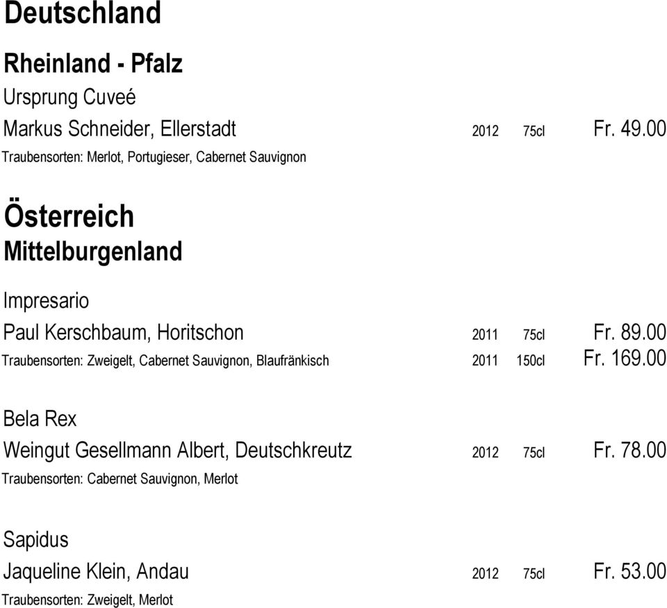 2011 75cl Fr. 89.00 Traubensorten: Zweigelt, Cabernet Sauvignon, Blaufränkisch 2011 150cl Fr. 169.