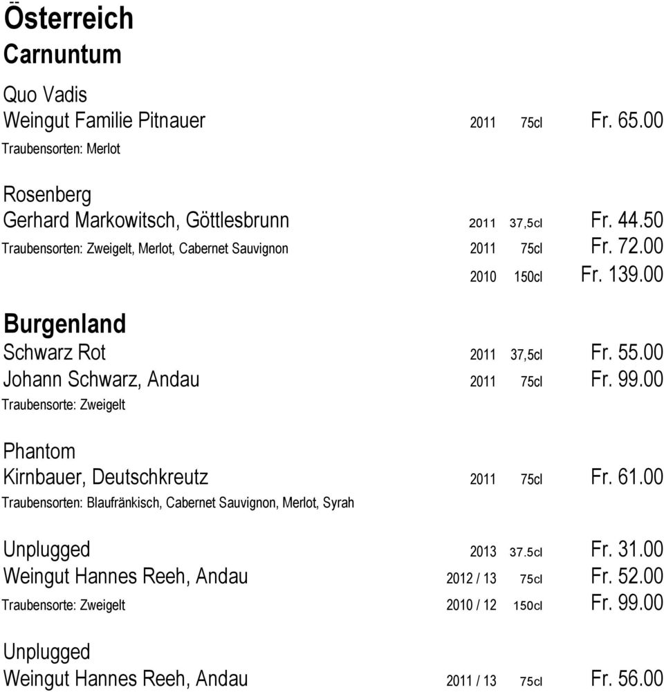 00 Johann Schwarz, Andau 2011 75cl Fr. 99.00 Traubensorte: Zweigelt Phantom Kirnbauer, Deutschkreutz 2011 75cl Fr. 61.