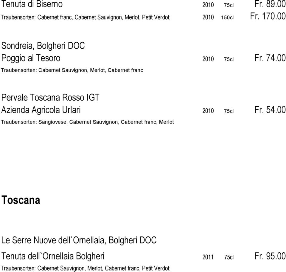 00 Traubensorten: Cabernet Sauvignon, Merlot, Cabernet franc Pervale Toscana Rosso IGT Azienda Agricola Urlari 2010 75cl Fr. 54.