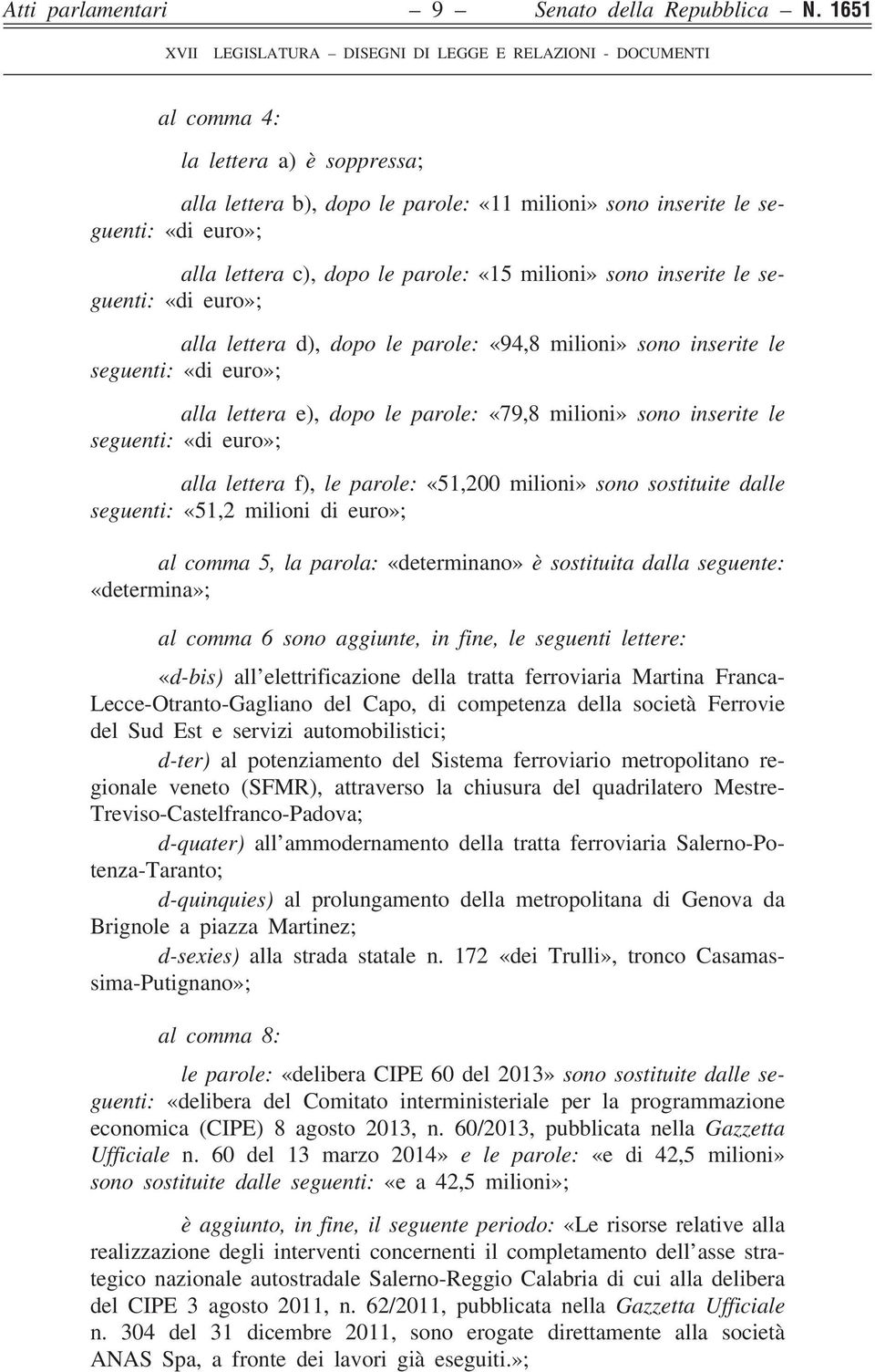 seguenti: «di euro»; alla lettera d), dopo le parole: «94,8 milioni» sono inserite le seguenti: «di euro»; alla lettera e), dopo le parole: «79,8 milioni» sono inserite le seguenti: «di euro»; alla