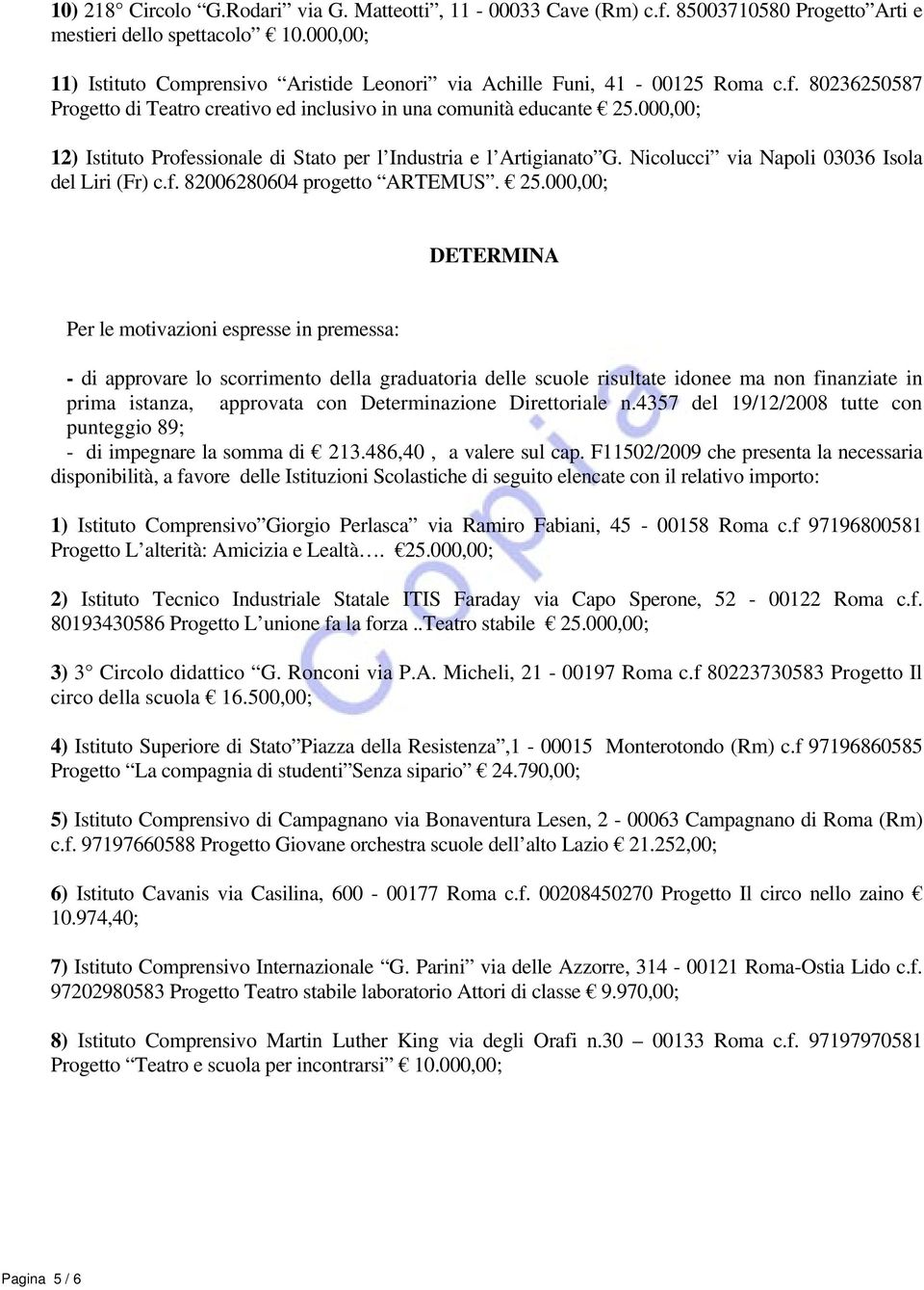 000,00; 12) Istituto Professionale di Stato per l Industria e l Artigianato G. Nicolucci via Napoli 03036 Isola del Liri (Fr) c.f. 82006280604 progetto ARTEMUS. 25.