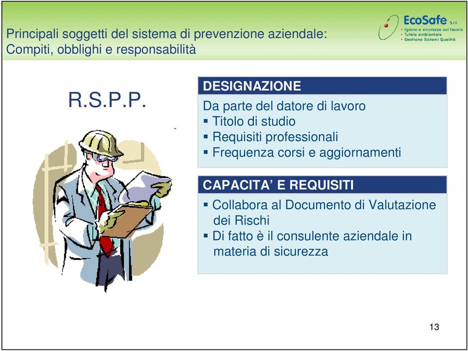 P. DESIGNAZIONE Da parte del datore di lavoro Titolo di studio Requisiti professionali