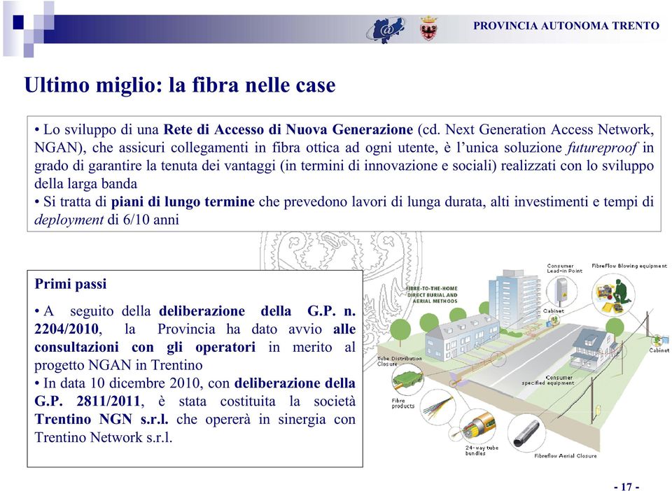 e sociali) realizzati con lo sviluppo della larga banda Si tratta di piani di lungo termine che prevedono lavori di lunga durata, alti investimenti e tempi di deployment di 6/10 anni Primi passi A