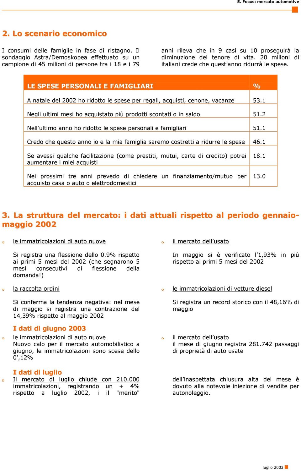 20 milioni di italiani crede che quest anno ridurrà le spese. LE SPESE PERSONALI E FAMIGLIARI % A natale del 2002 ho ridotto le spese per regali, acquisti, cenone, vacanze 53.