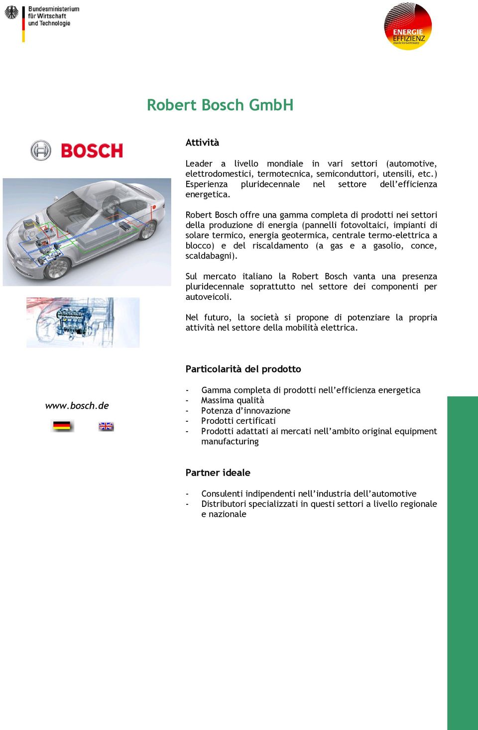 Robert Bosch offre una gamma completa di prodotti nei settori della produzione di energia (pannelli fotovoltaici, impianti di solare termico, energia geotermica, centrale termo-elettrica a blocco) e