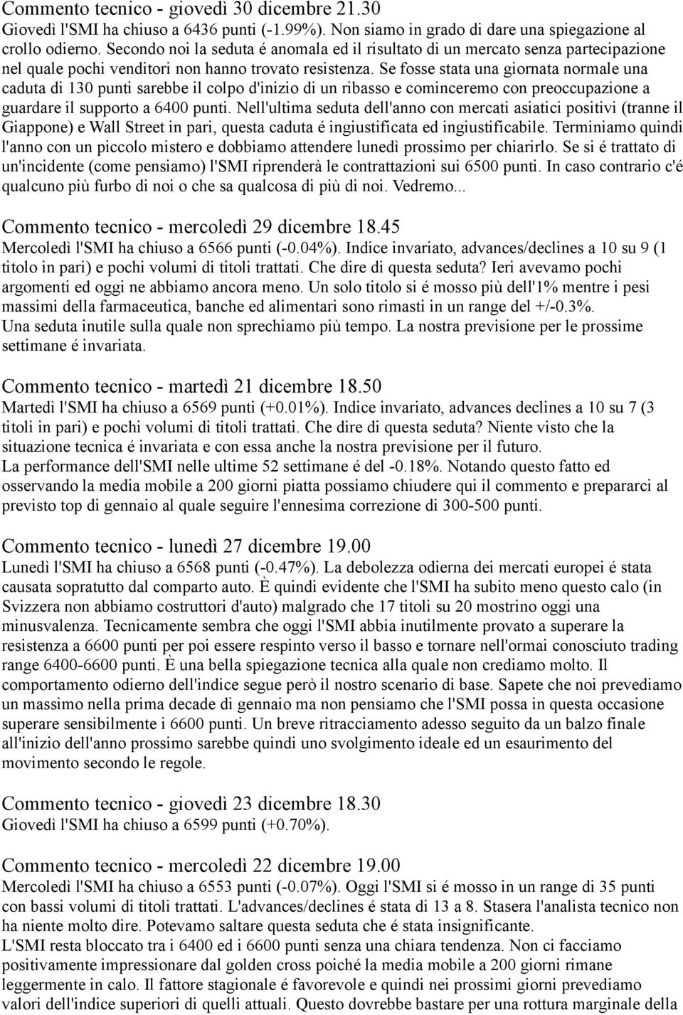 Se fosse stata una giornata normale una caduta di 130 punti sarebbe il colpo d'inizio di un ribasso e cominceremo con preoccupazione a guardare il supporto a 6400 punti.