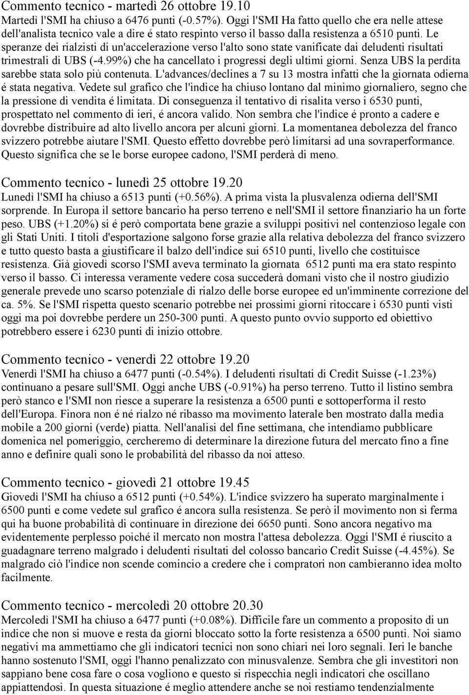 Le speranze dei rialzisti di un'accelerazione verso l'alto sono state vanificate dai deludenti risultati trimestrali di UBS (-4.99%) che ha cancellato i progressi degli ultimi giorni.