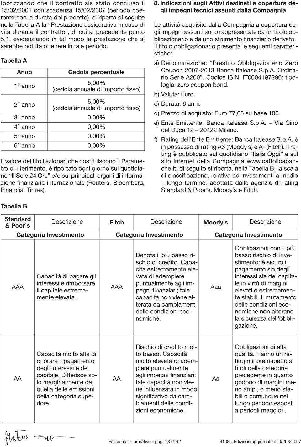 Tabella A Anno 1 anno Cedola percentuale 5,00% (cedola annuale di importo fisso) 2 anno 5,00% (cedola annuale di importo fisso) 3 anno 0,00% 4 anno 0,00% 5 anno 0,00% 6 anno 0,00% Il valore dei