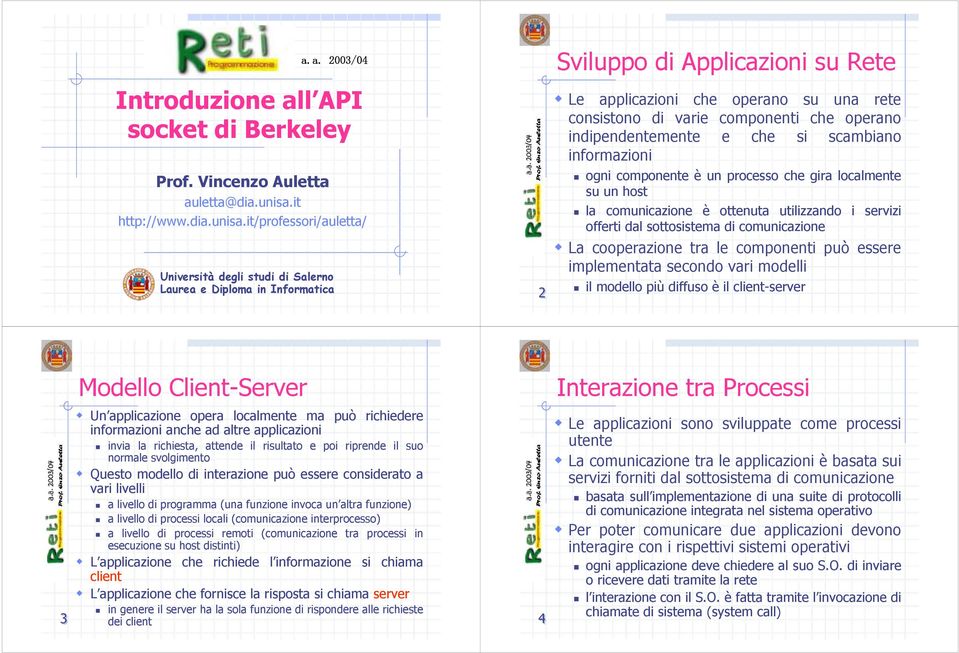 it/professori/auletta/ Università degli studi di Salerno Laurea e Diploma in Informatica 2 Sviluppo di Applicazioni su Rete Le applicazioni che operano su una rete consistono di varie componenti che