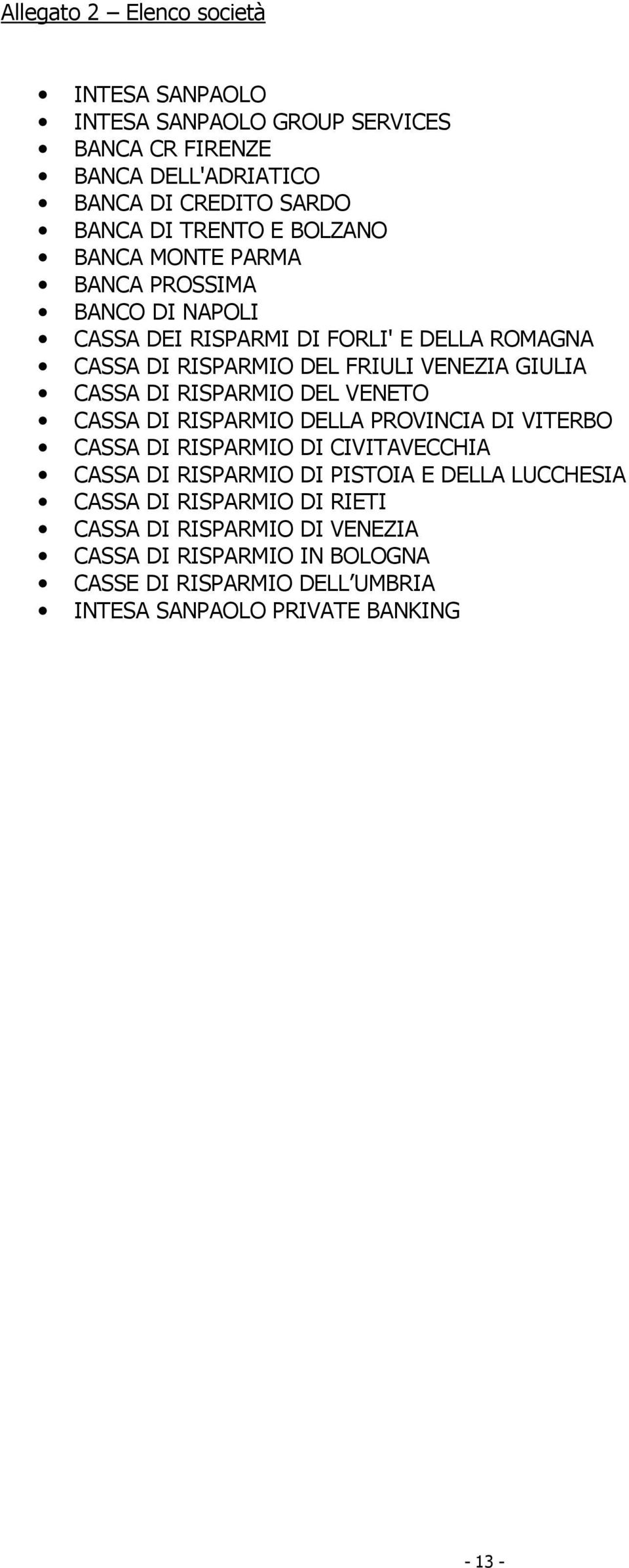 DI RISPARMIO DEL VENETO CASSA DI RISPARMIO DELLA PROVINCIA DI VITERBO CASSA DI RISPARMIO DI CIVITAVECCHIA CASSA DI RISPARMIO DI PISTOIA E DELLA LUCCHESIA