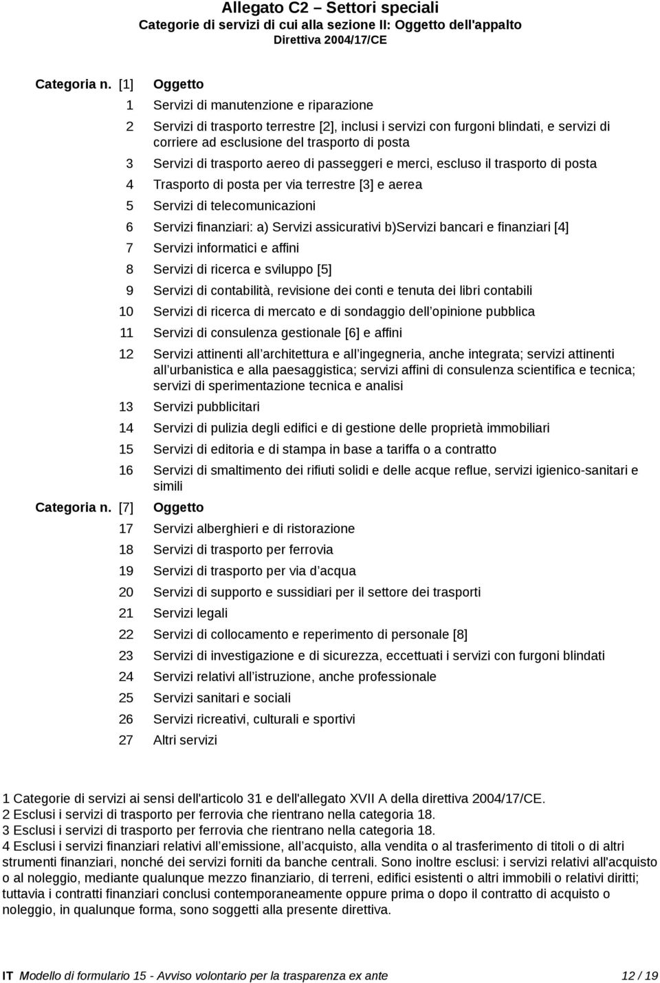 di trasporto aereo di passeggeri e merci, escluso il trasporto di posta 4 Trasporto di posta per via terrestre [3] e aerea 5 Servizi di telecomunicazioni 6 Servizi finanziari: a) Servizi assicurativi