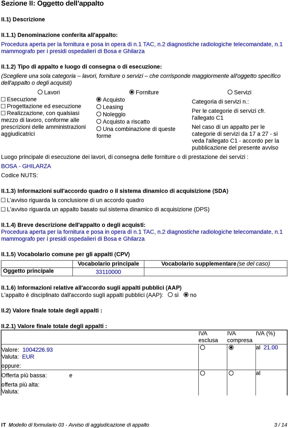 mammografo per i presidi ospedalieri di Bosa e Ghilarza II.1.