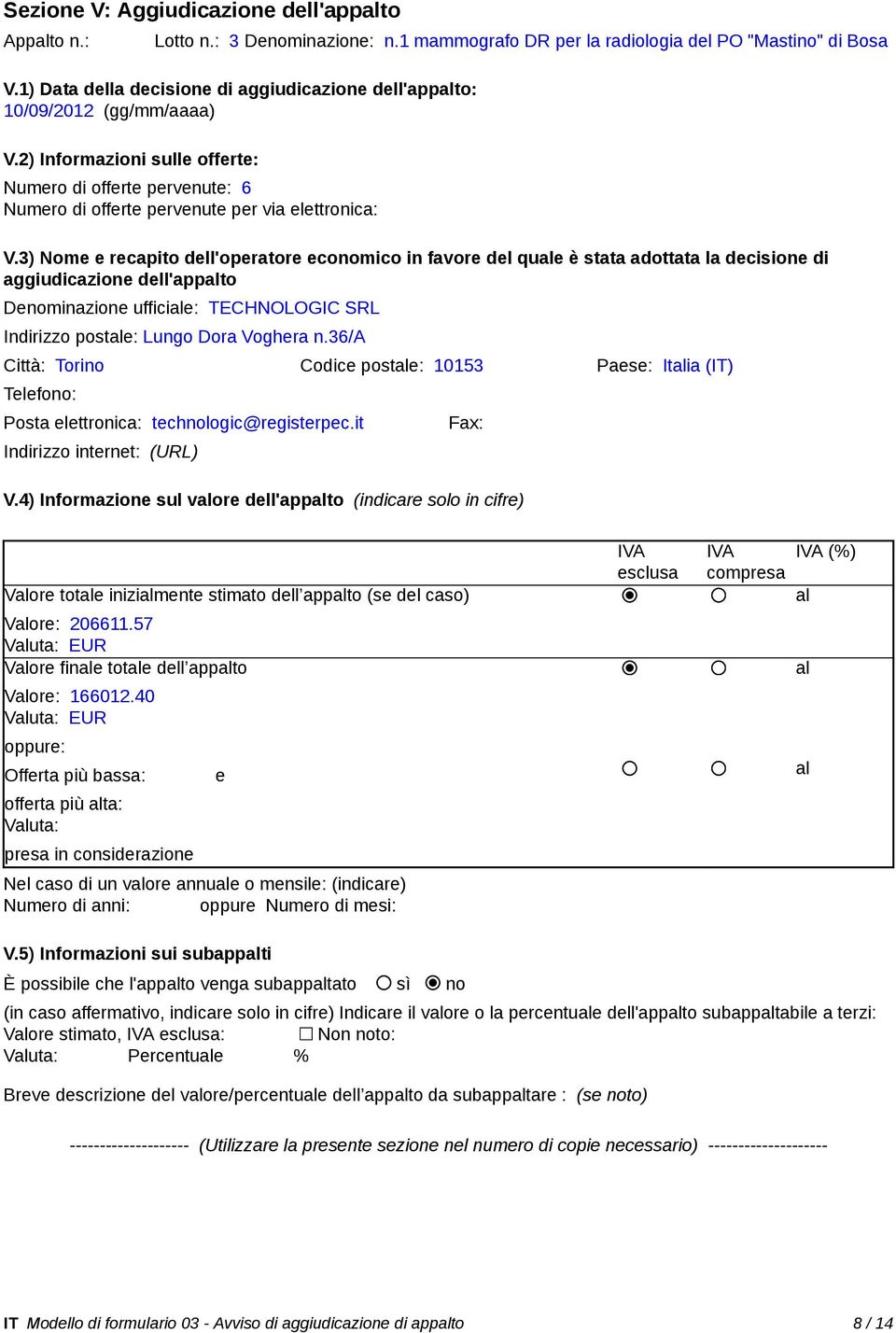 3) Nome e recapito dell'operatore economico in favore del quale è stata adottata la decisione di aggiudicazione dell'appalto Denominazione ufficiale: TECHNOLOGIC SRL Indirizzo postale: Lungo Dora