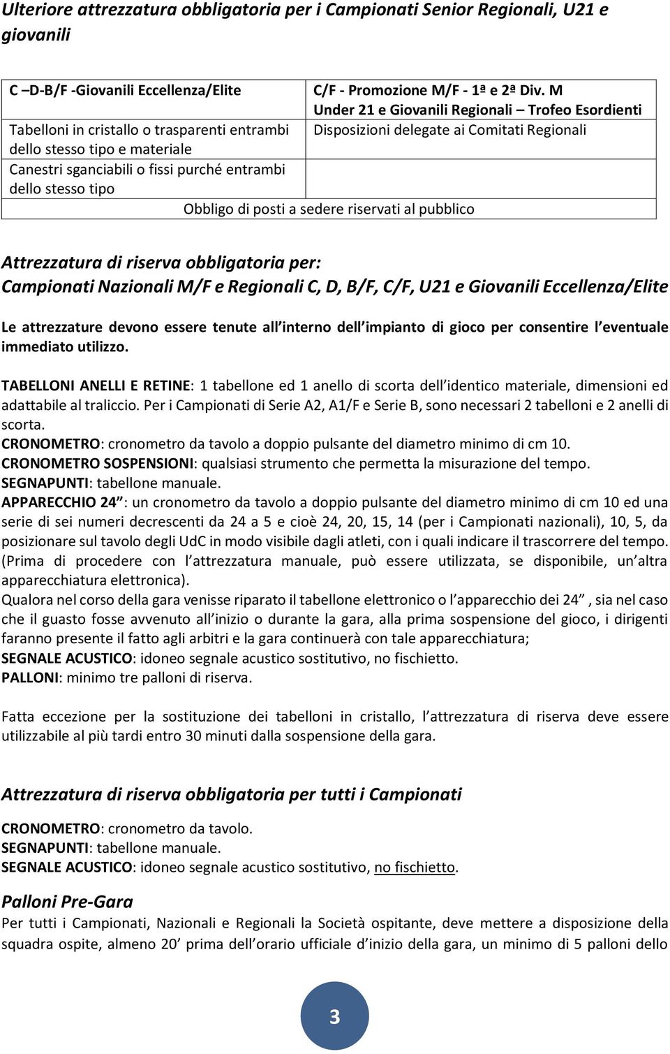 purché entrambi dello stesso tipo Obbligo di posti a sedere riservati al pubblico Attrezzatura di riserva obbligatoria per: Campionati Nazionali M/F e Regionali C, D, B/F, C/F, U21 e Giovanili