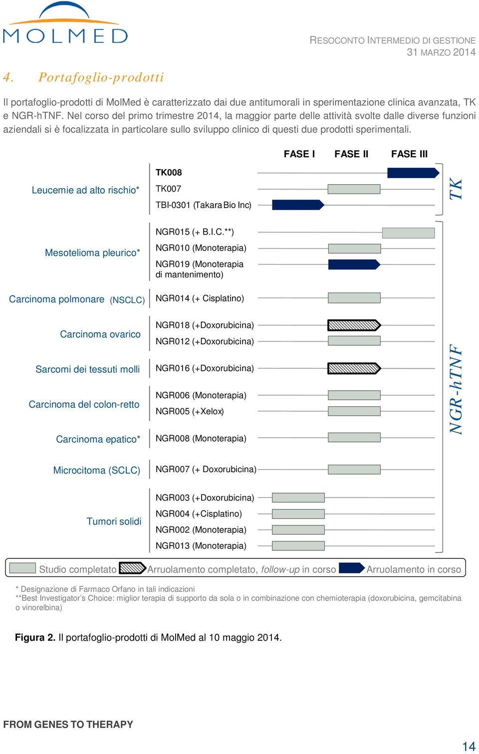 FASE I FASE II FASE III Leucemie ad alto rischio* Mesotelioma pleurico* Carcinoma polmonare (NSCLC) Carcinoma ovarico Sarcomi dei tessuti molli Carcinoma del colon-retto Carcinoma epatico* TK008