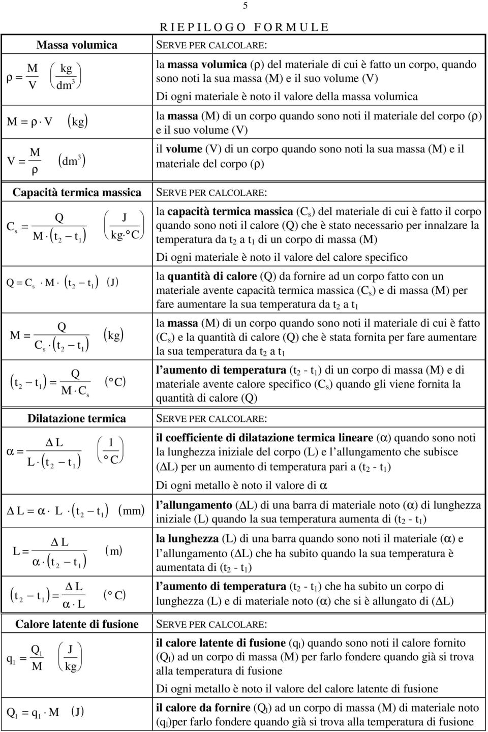 voume (V) di un corpo quando ono noi a ua maa () e i maeriae de corpo (ρ) SERVE PER AOARE: a capacià ermica maica ( ) de maeriae di cui è fao i corpo quando ono noi i caore () che è ao neceario per