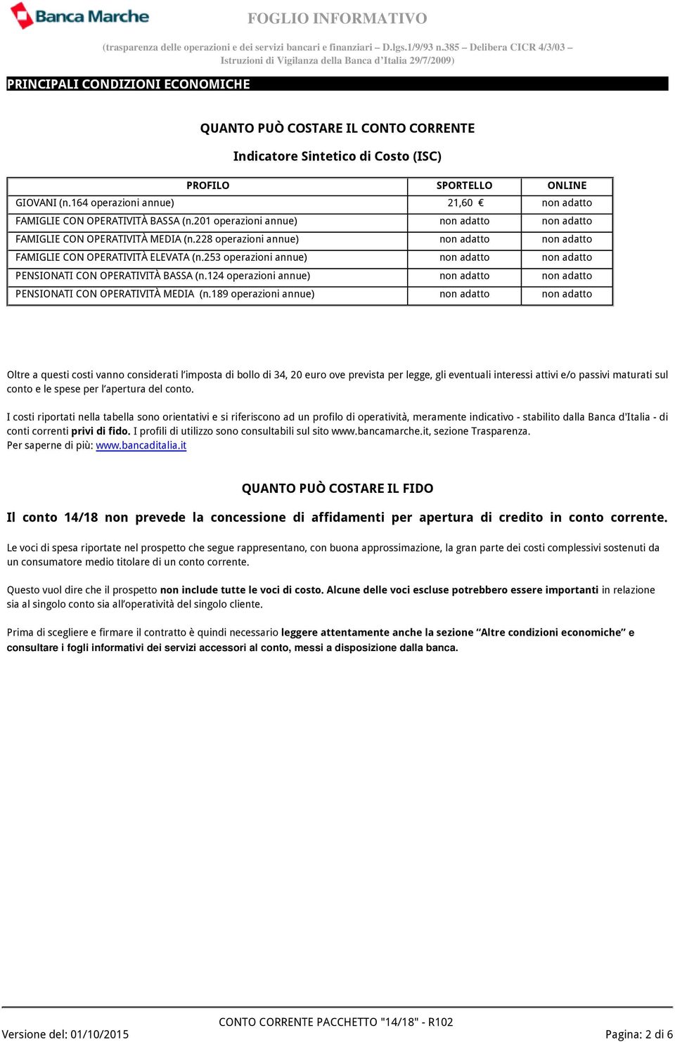 228 operazioni annue) non adatto non adatto FAMIGLIE CON OPERATIVITÀ ELEVATA (n.253 operazioni annue) non adatto non adatto PENSIONATI CON OPERATIVITÀ BASSA (n.