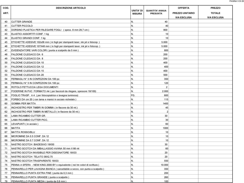 ) N. 5.000 46 ETICHETTE ADESIVE 107X48 mm ( in fogli per stampanti laser, ink jet e fotocop. ) N. 5.000 47 EVIDENZIATORE VARI COLORI ( punta a scalpello da 5 mm ) N. 800 48 FALDONE C/LEGACCI DA 6 N.