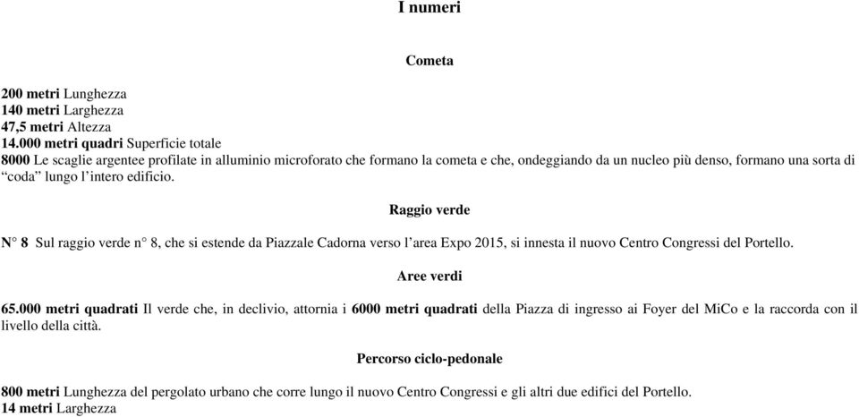 intero edificio. Raggio verde N 8 Sul raggio verde n 8, che si estende da Piazzale Cadorna verso l area Expo 2015, si innesta il nuovo Centro Congressi del Portello. Aree verdi 65.