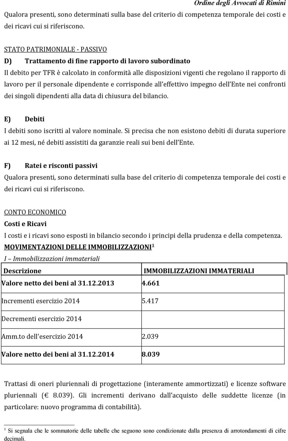 personale dipendente e corrisponde all effettivo impegno dell Ente nei confronti dei singoli dipendenti alla data di chiusura del bilancio. E) Debiti I debiti sono iscritti al valore nominale.