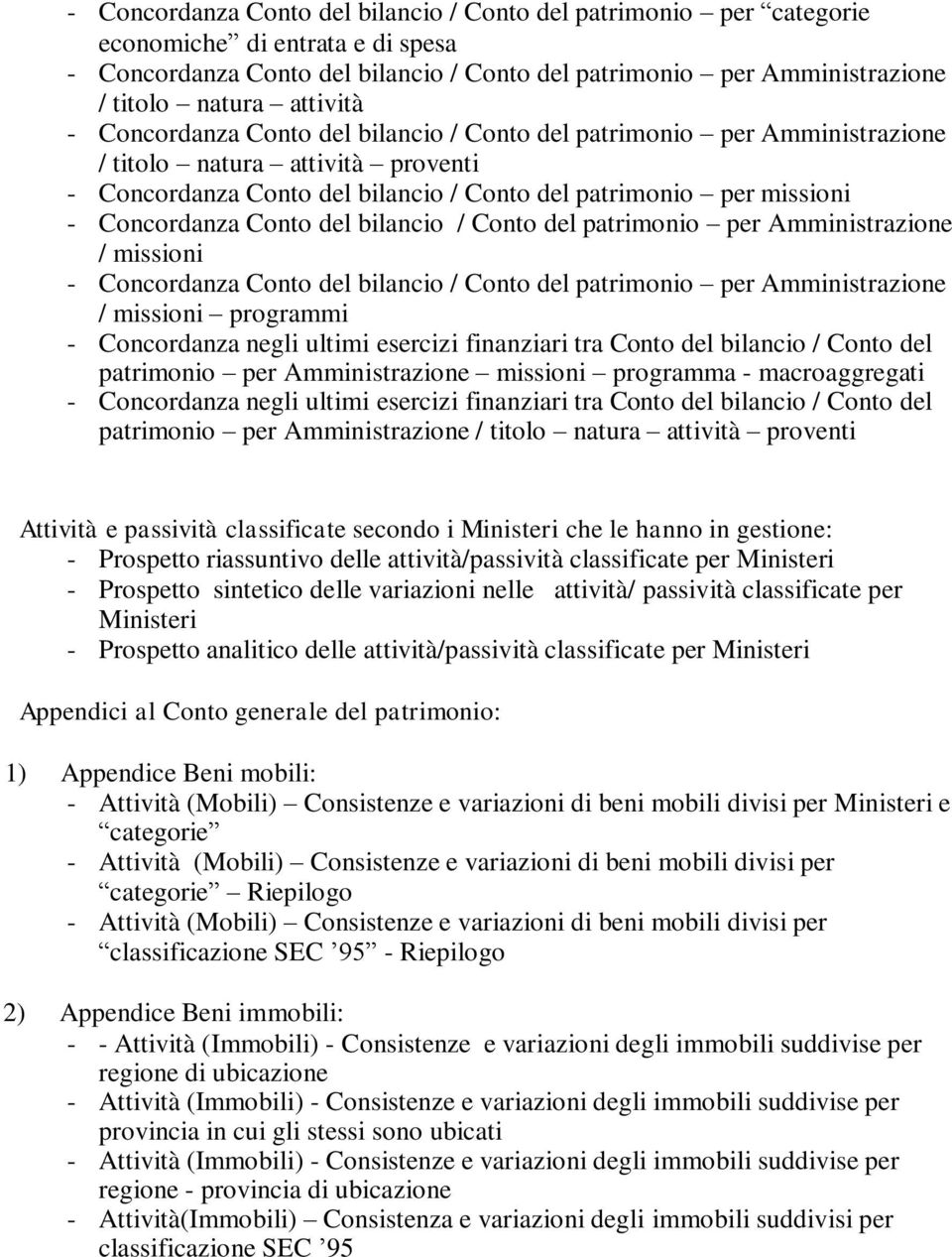 Concordanza Conto del bilancio / Conto del patrimonio per Amministrazione / missioni - Concordanza Conto del bilancio / Conto del patrimonio per Amministrazione / missioni programmi - Concordanza